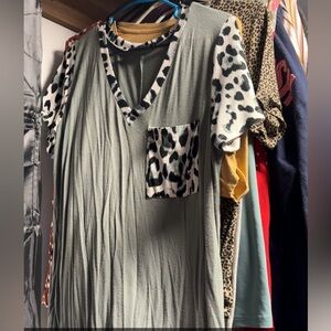 Sage Green V-Neck Tunic with Leopard Pocket